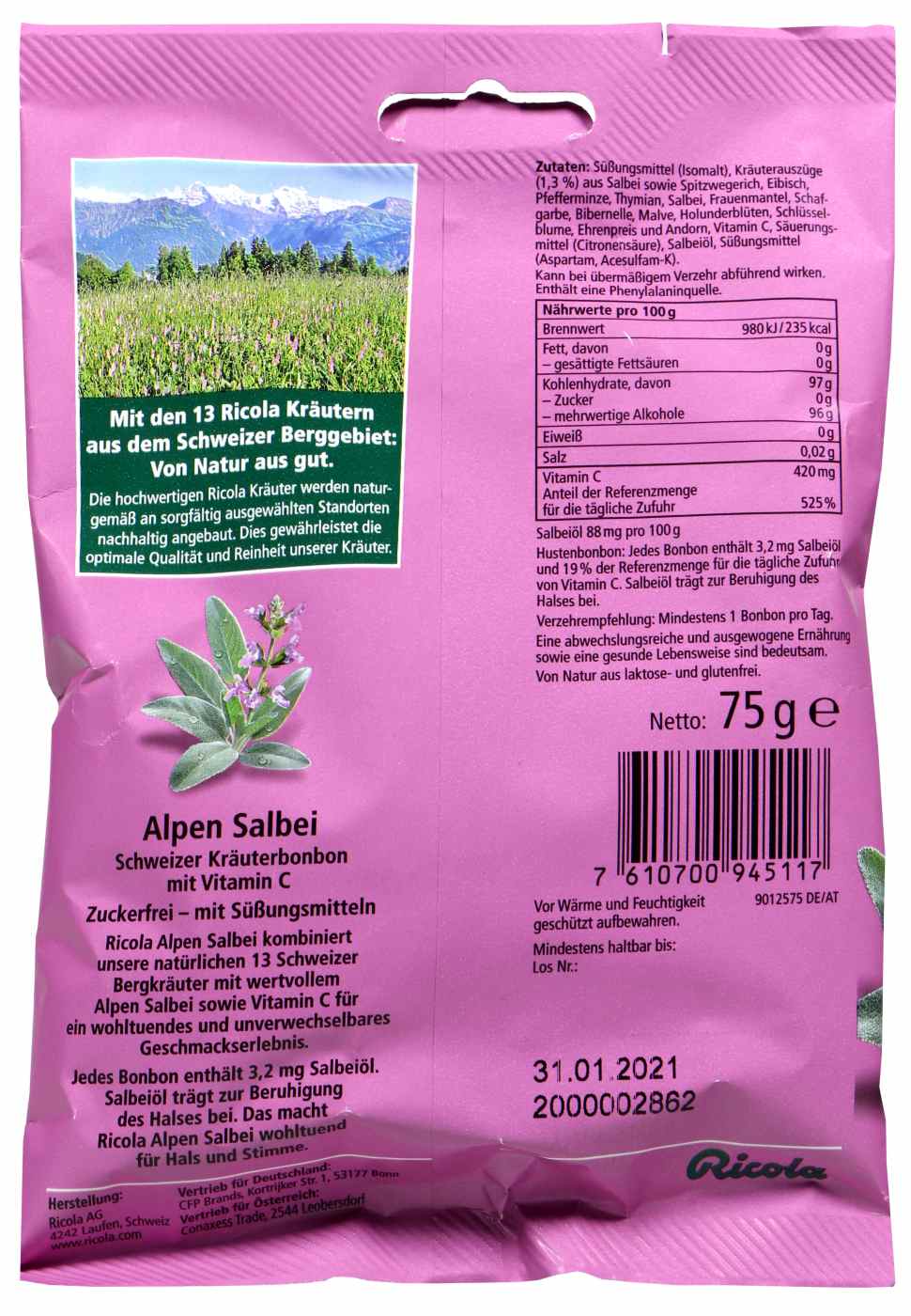 Ricola Alpen Salbei Zuckerfrei - 75 g Ricola Alpen Salbei Zuckerfrei - 75 g