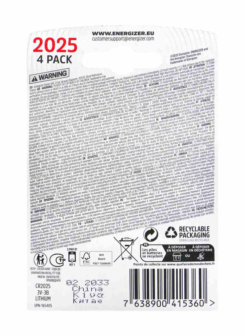 Energizer Lithium CR-Typ 2025 Konopzelle - 4 Stück Energizer Lithium CR-Typ 2025 Konopzelle - 4 Stück