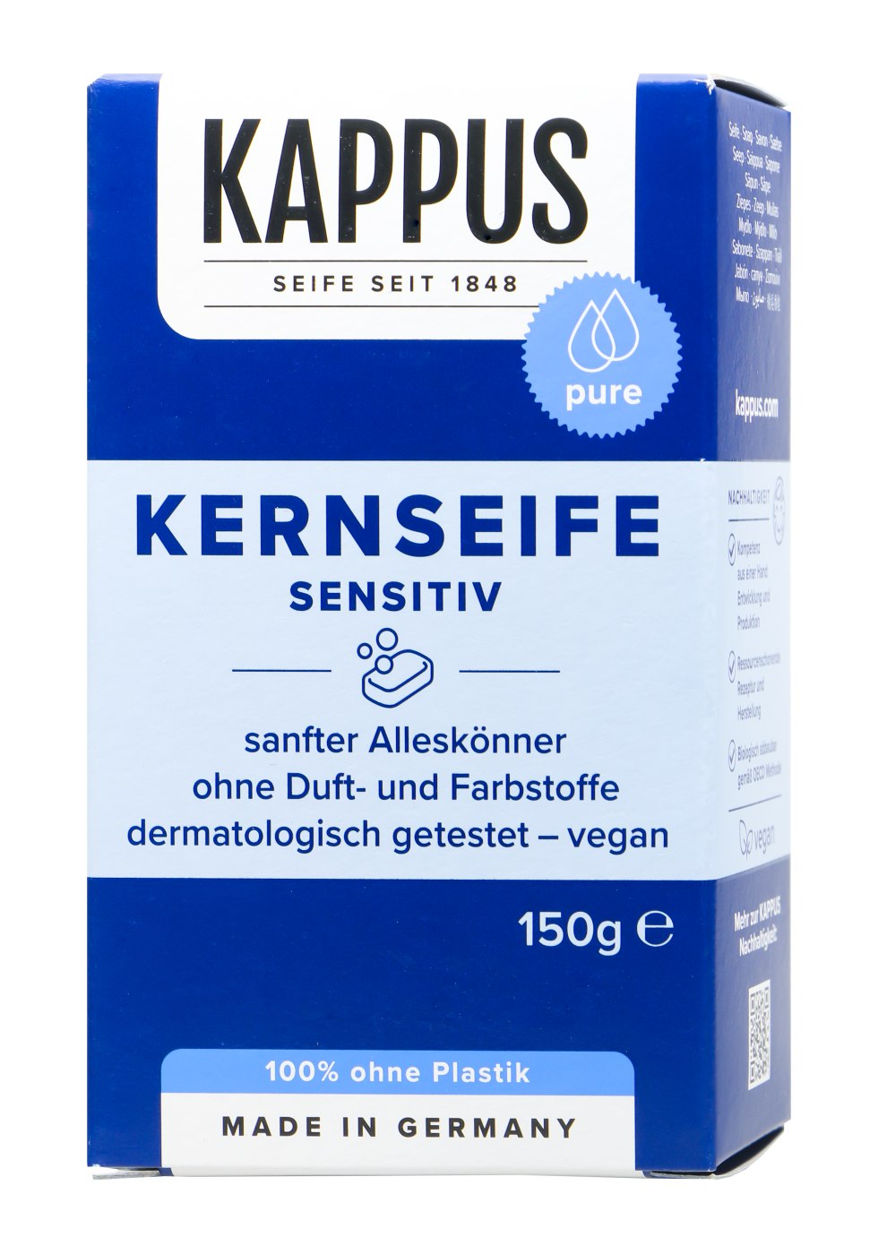 Kappus Kernseife Sensitiv ohne Parfüm, Duft und Farbstoffe - 150 g Kappus Kernseife Sensitiv ohne Parfüm, Duft und Farbstoffe - 150 g