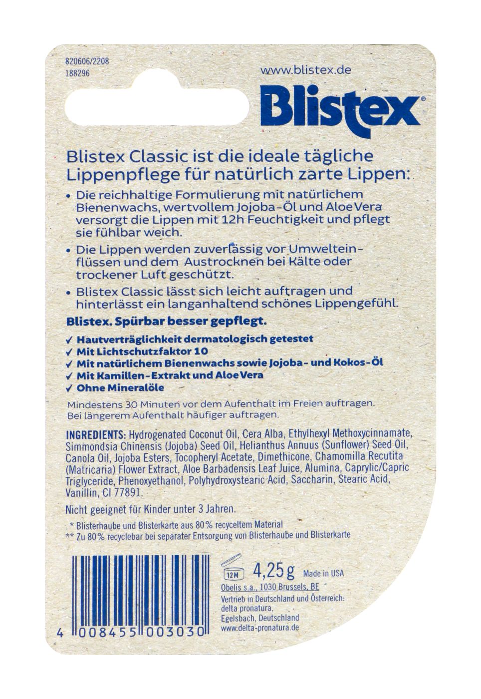 Blistex Classic Pflegestick Lichtschutzfaktor 10 - 4,25 g Blistex Classic Pflegestick Lichtschutzfaktor 10 - 4,25 g