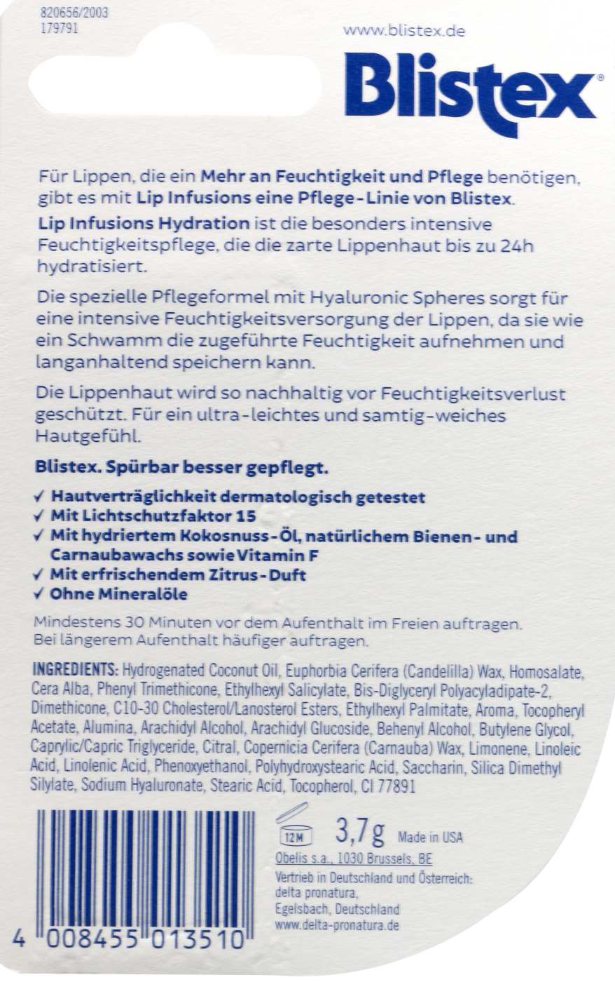 Blistex Lip Infusions Hydration ohne Mineralöl - 3,7 g Blistex Lip Infusions Hydration ohne Mineralöl - 3,7 g