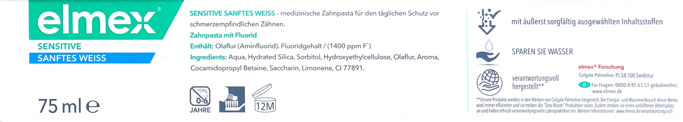 Elmex Zahnpasta Sensitive Sanftes Weiß - 75 ml Elmex Zahnpasta Sensitive Sanftes Weiß - 75 ml