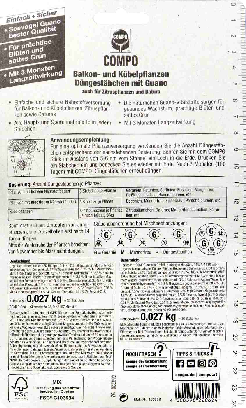Compo Balkon- und Kübelpflanzen Düngestäbchen mit Guano - 30 Stück Compo Balkon- und Kübelpflanzen Düngestäbchen mit Guano - 30 Stück