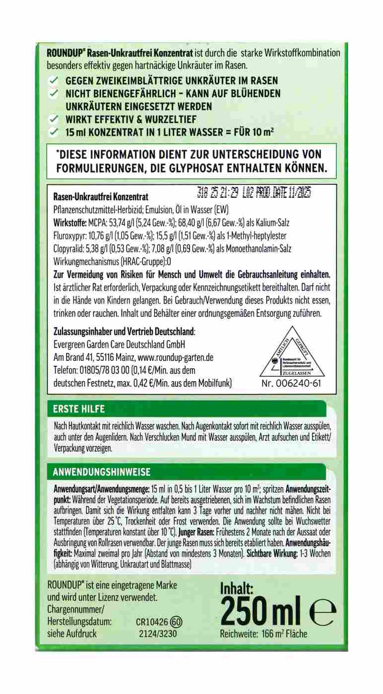 Roundup Rasen Unkrautfrei Konzentrat - 250 ml Roundup Rasen Unkrautfrei Konzentrat - 250 ml