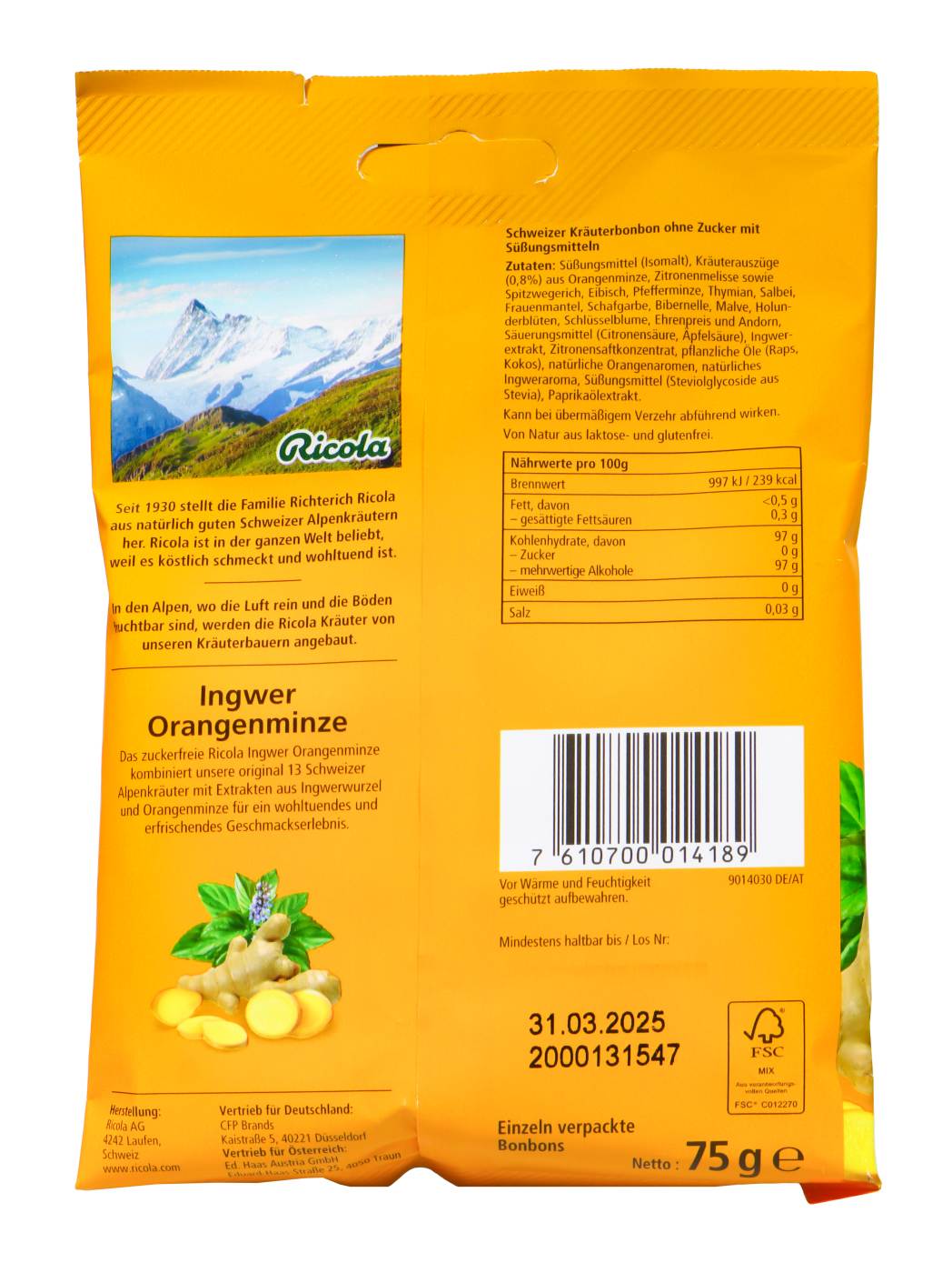 Ricola Ingwer Orangeminze Zuckerfrei - 75 g Ricola Ingwer Orangeminze Zuckerfrei - 75 g