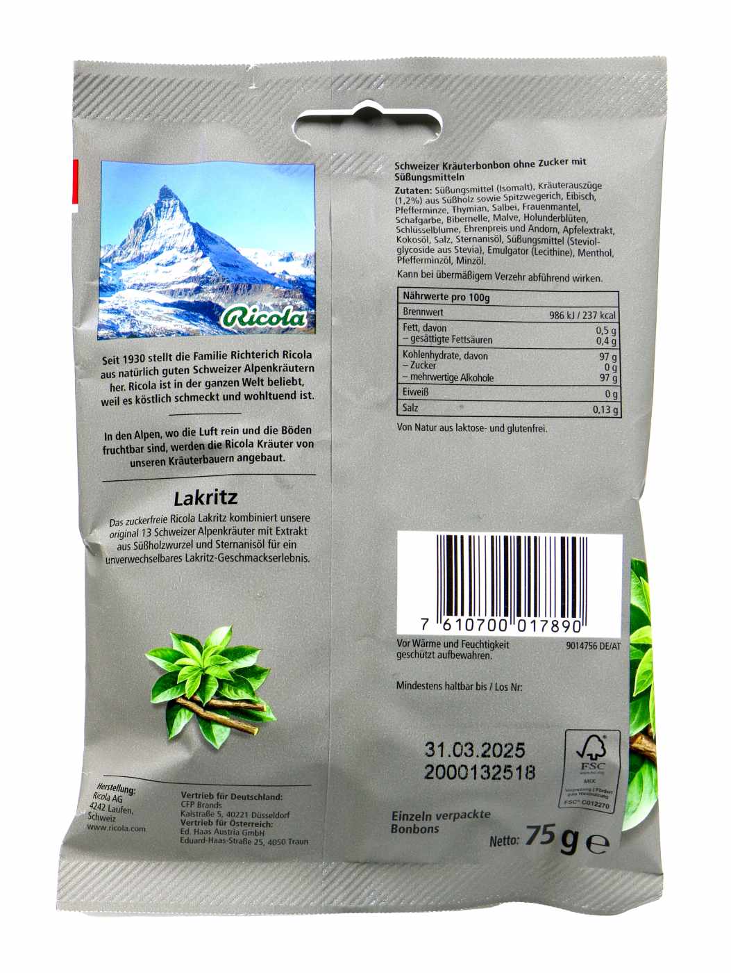 Ricola Lakritz Zuckerfrei - 75 g Ricola Lakritz Zuckerfrei - 75 g