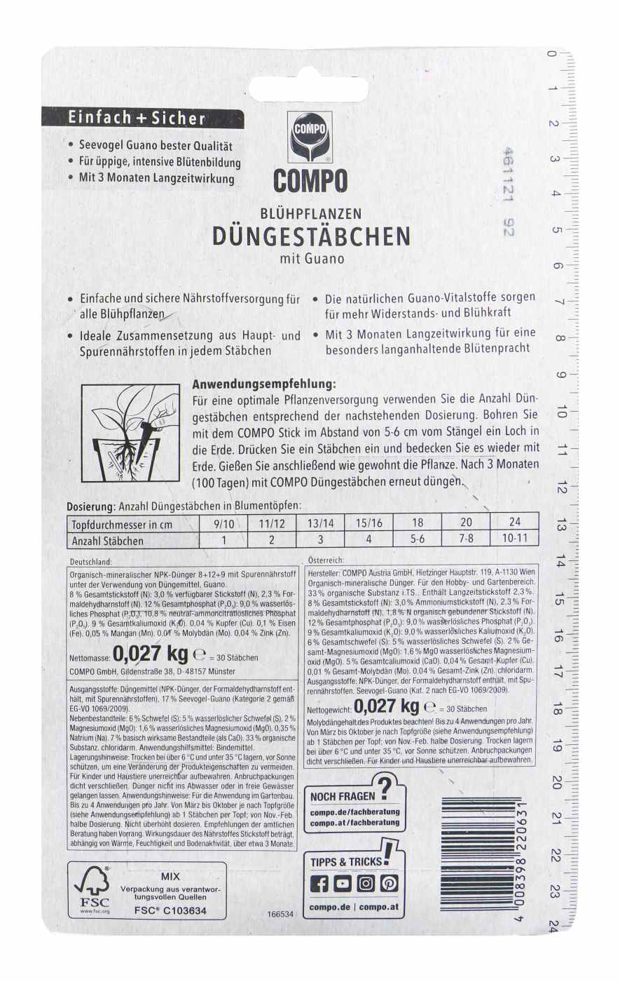 Compo Blühpflanzen Düngestäbchen mit Guano - 30 Stück Compo Blühpflanzen Düngestäbchen mit Guano - 30 Stück