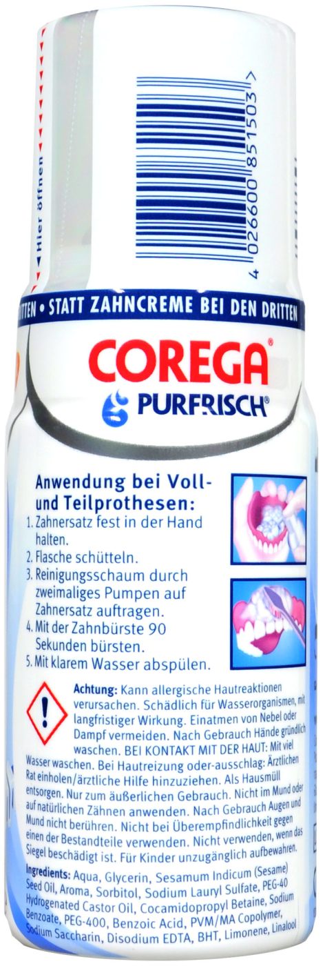 Corega Purfrisch Reinigungsschaum für Zahnersatz - 125 ml Corega Purfrisch Reinigungsschaum für Zahnersatz - 125 ml
