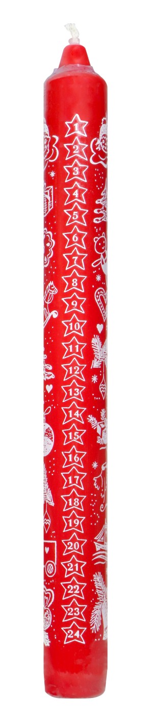Adventskalenderkerze mit Weihnachtsmotiv Rot - 30 x 300 mm - 1 Stück